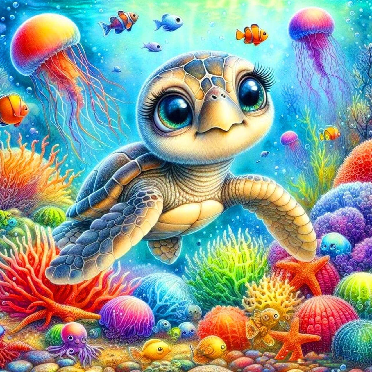 Cute Turtle Diamond Painting Kit for Adults, Sea Turtle Diamond Art Kits for Beginners, Full Drill Round Gem Art Diamond Painting for Home Wall Decor Gift 14x14inch